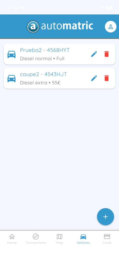 automatric - Interfaz de usuario de la aplicación Automatric que muestra una lista de vehículos registrados con detalles de la matrícula.
