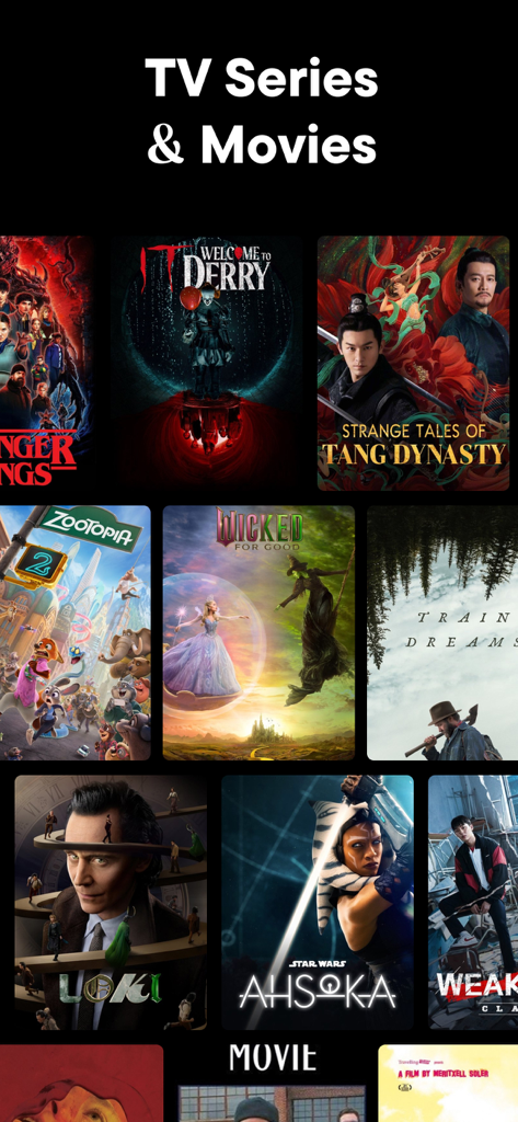 Cuadrícula de pósteres de películas y series de televisión en la interfaz de la aplicación ItsMovinActors