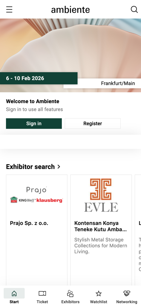 Ambiente Navigator - Ambiente Navigatorアプリのホーム画面。イベント日程、サインインオプション、出展者検索が表示されます。