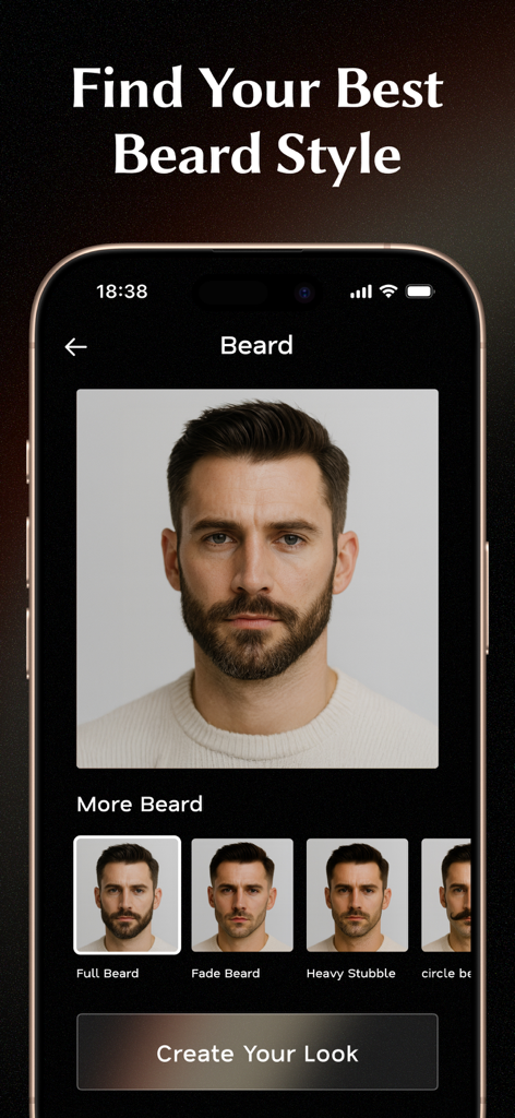AI beard style try on screen in the Glowify app showing various facial hair options for men