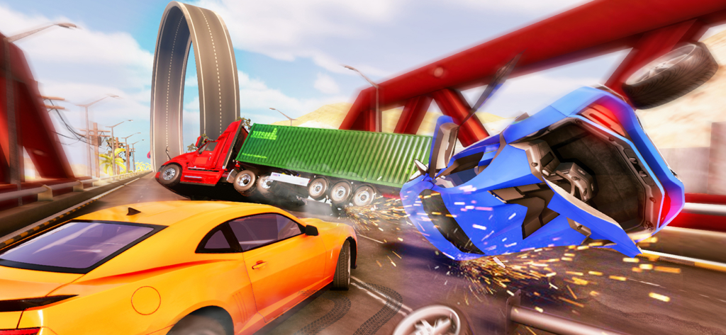 Car Crash Simulator Mega Jump - A high speed car crash scene featuring a flipped blue car and a truck on a bridge with a loop ramp in the background.