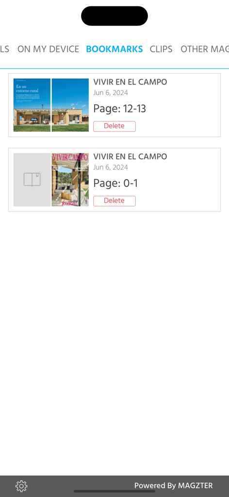 VIVIR EN EL CAMPO - A mobile app screen displaying a list of bookmarked magazine pages in the Vivir en el Campo app