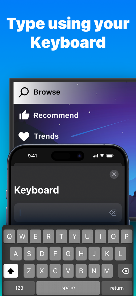 Universal TV Remote · Mando - Un iPhone usando el teclado de la aplicación Mando para escribir en la interfaz de una Smart TV.