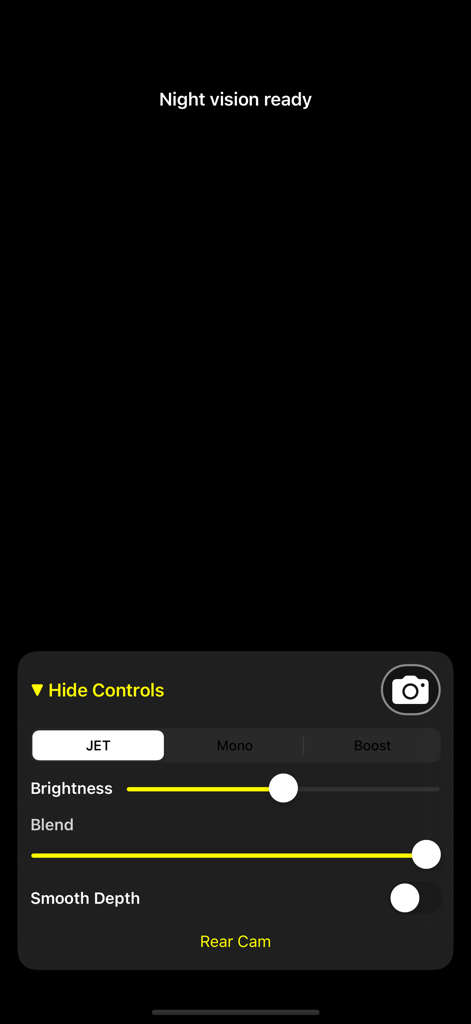 Night Eyes Vision - The settings and control panel of the Night Eyes Vision app showing brightness and depth adjustment sliders.