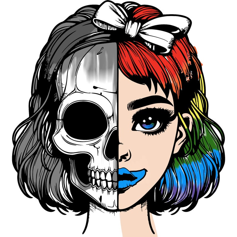 realistic girl with half skull mask