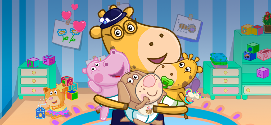 Hippo pet care game simulator - A cartoon giraffe character hugging a hippo and other baby animals in a playroom.