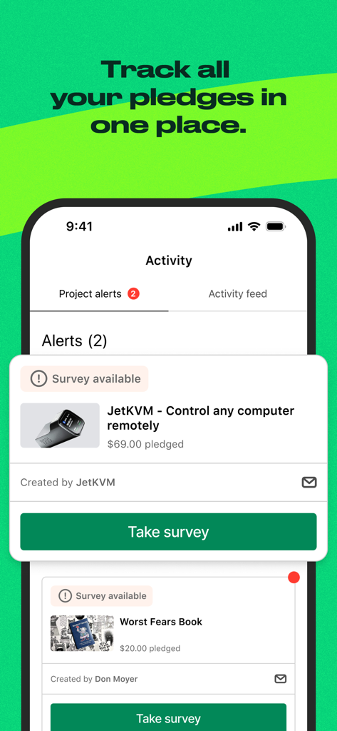Kickstarter: Projects You Love - Kickstarter app interface showing project alerts and survey notifications for tracked pledges.