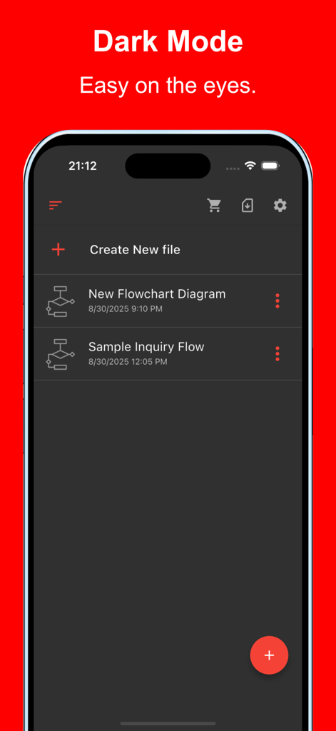 Simple Flowchart - Interfaz de la aplicación Simple Flowchart que muestra una lista de archivos en modo oscuro en un iPhone