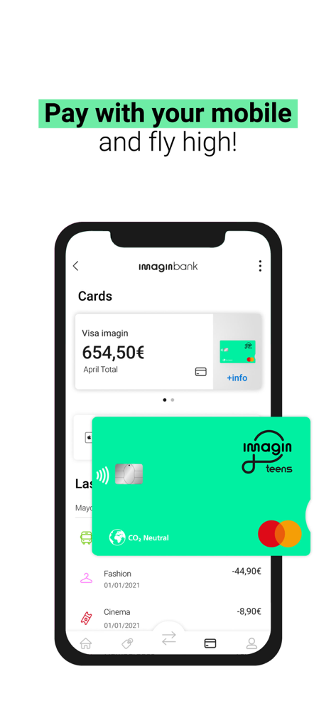 imaginTeens - Your new card - imaginTeens app interface showing a digital debit card and mobile payment options