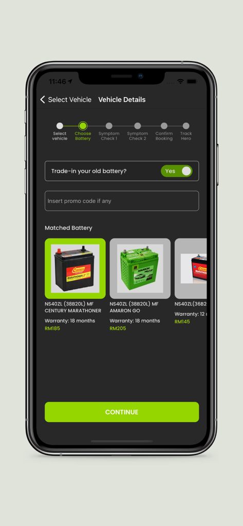 Bateriku - Bateriku mobile app screen showing car battery replacement options with prices and warranty details