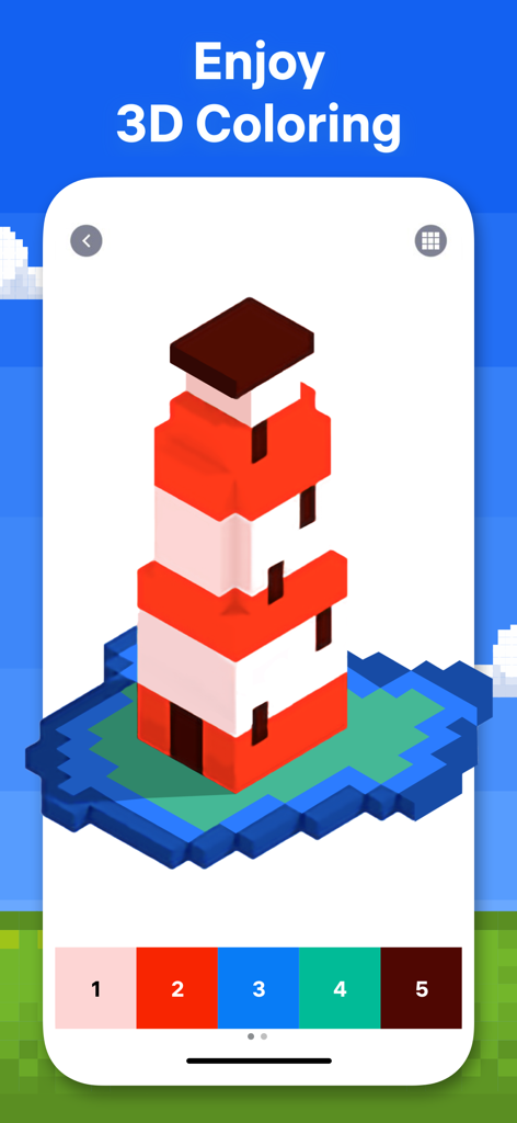 A 3D pixel art lighthouse on a small island with a color by number palette at the bottom.