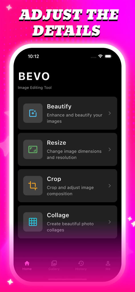 Bevo - - Pantalla de inicio de la aplicación Bevo mostrando funciones de edición de imágenes que incluyen embellecer, redimensionar, recortar y collage