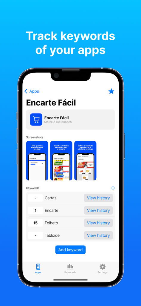 Interface of ASO App Keywords Optimization showing keyword rankings for a specific mobile application