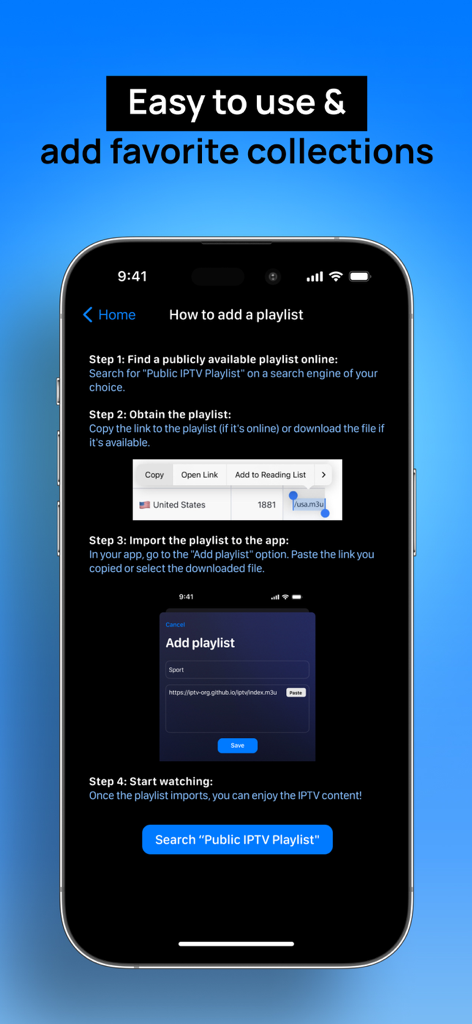 IPTV Smart Player Xtream STB - A step-by-step tutorial within the app explaining how to add a public IPTV playlist using M3U links.