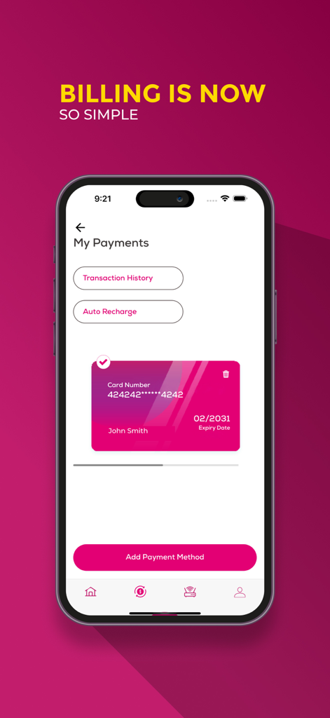 My Telsim - My Telsim app billing and payment management screen showing options for transaction history and auto recharge