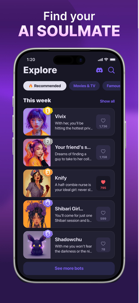 Écran d'exploration de l'application Botify AI affichant une liste de personnages virtuels recommandés avec lesquels discuter.