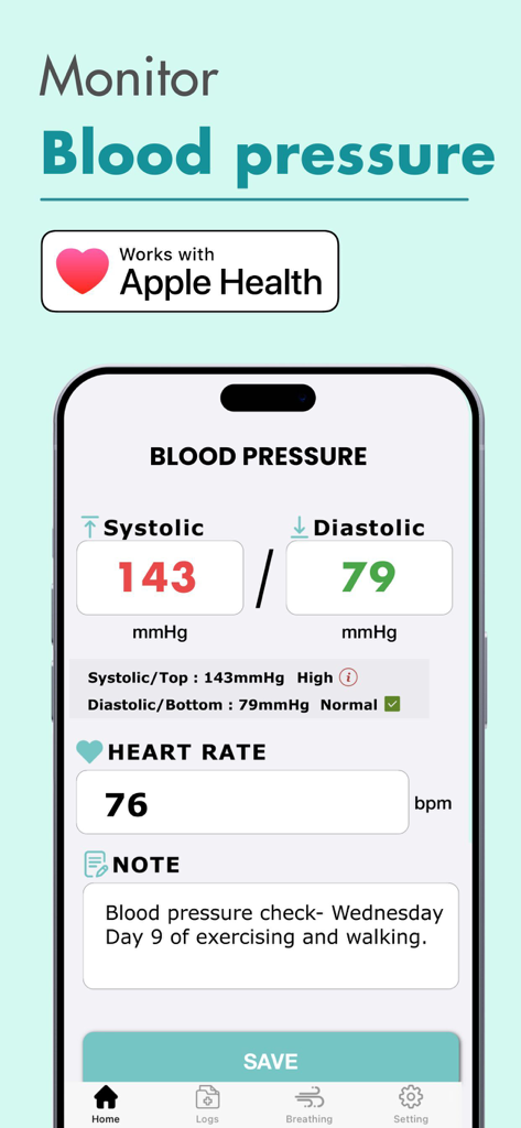 Blood Oxygen App- Watch - iPhone app interface for monitoring blood pressure and heart rate with Apple Health integration