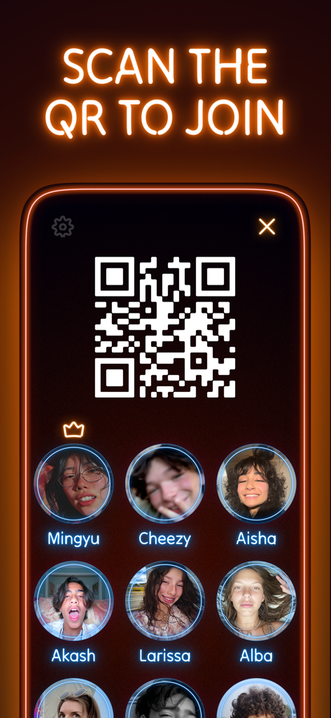 Schermata dell'app Spinner Party che mostra un codice QR per accedere a una lobby di gioco multiplayer con avatar dei giocatori.