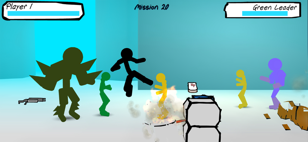 Stickman Street Fighting - Stickman character jumping to kick enemies in a street fighting game level.
