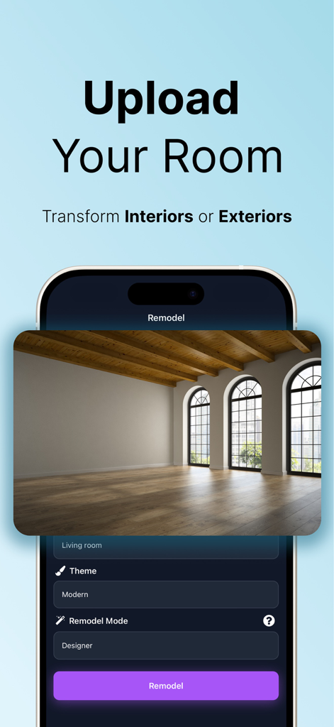 Smartphone screen showing the upload room feature in the Remodeled.AI app for transforming interior and exterior spaces.