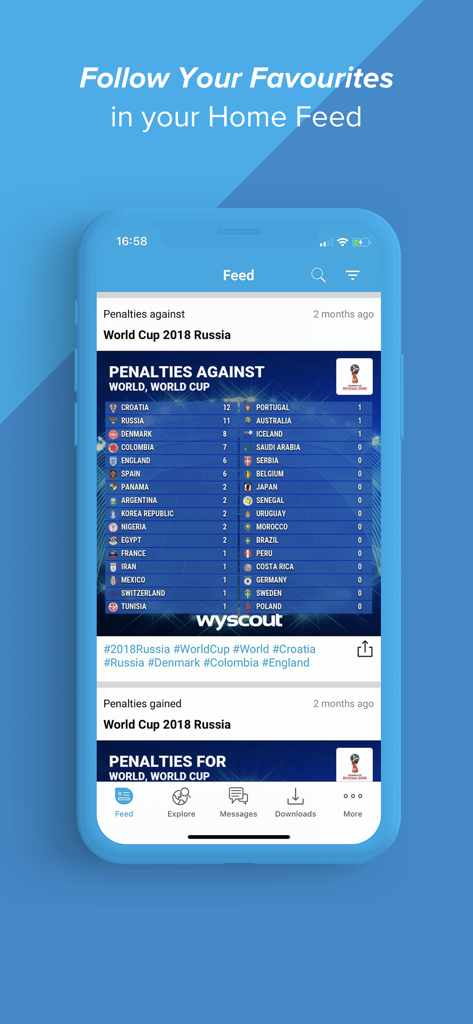 Wyscout - Wyscout mobile app home feed displaying professional soccer penalty statistics and analytics