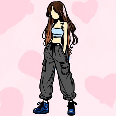 girl in baggy pants crop top and long hair