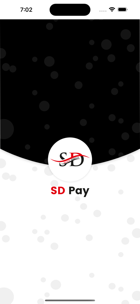 La pantalla de inicio de la aplicación SDPay mostrando el logo y el nombre de la marca sobre un fondo blanco y negro.