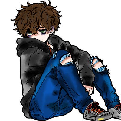 a male hoddie ripped jeans messy hair anime