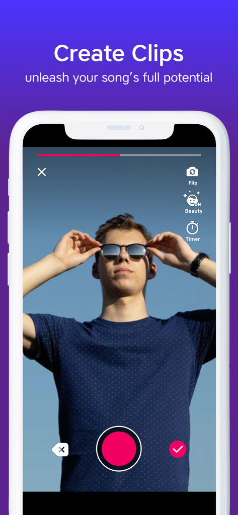 Smartphone screen displaying the Yokee Karaoke app video recording interface with beauty filters and recording controls