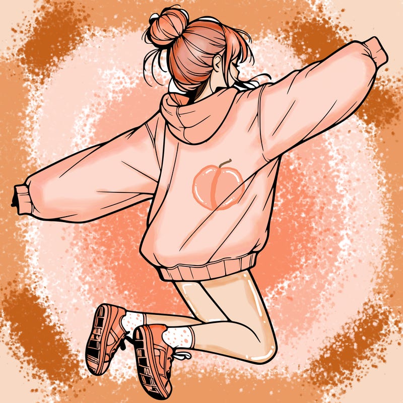 realistic girl jumping with a bun and oversized sweatshirt