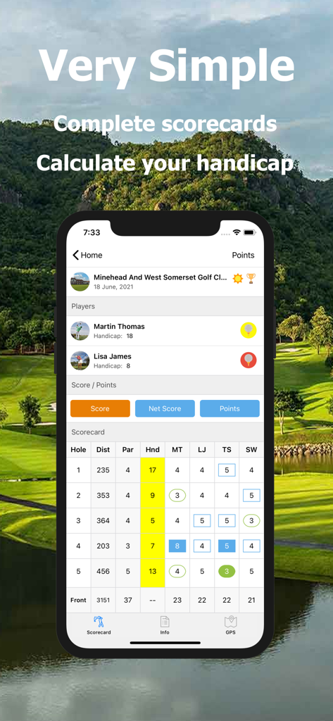 Golf Handicap - Online Golf - Mobile app interface showing a digital golf scorecard and handicap calculator on a scenic golf course background