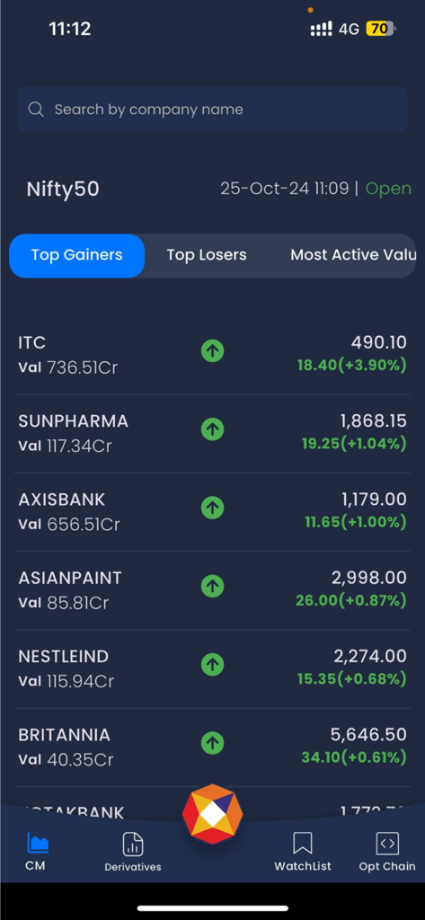 Interface do aplicativo móvel NSEIndia exibindo os Maiores Ganhadores no índice Nifty 50