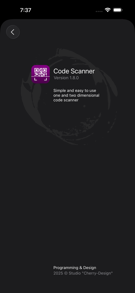About screen for Code Scanner app displaying the logo version and utility description