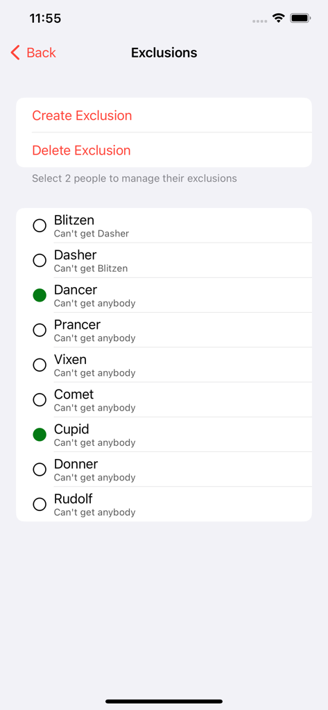 Exclusions screen in the Simple Secret Santa app showing participants and drawing rules