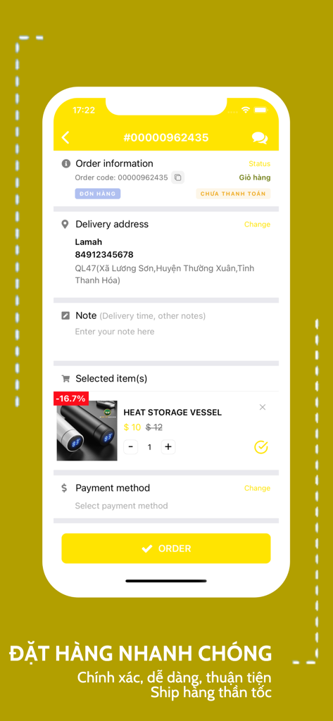 SiamVn Store - Página de checkout do aplicativo móvel SiamVn Store mostrando a lista de produtos e o endereço de entrega