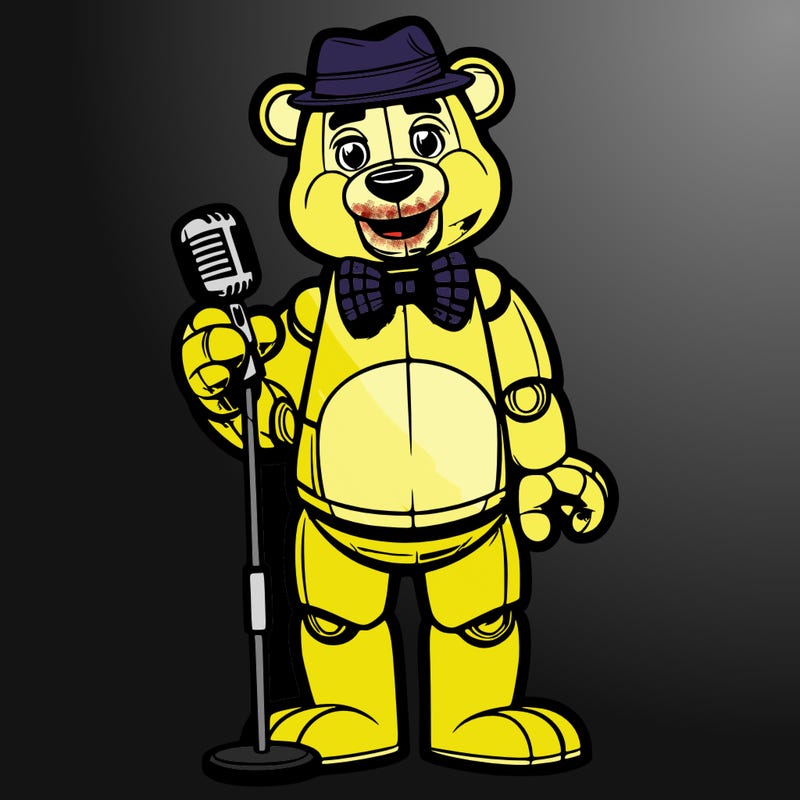 bear animatronic with a bowtie and a hat and a mic