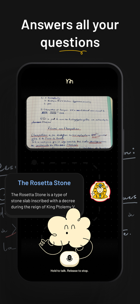 Mobile interface of Mimir app providing information about the Rosetta Stone from a scanned notebook
