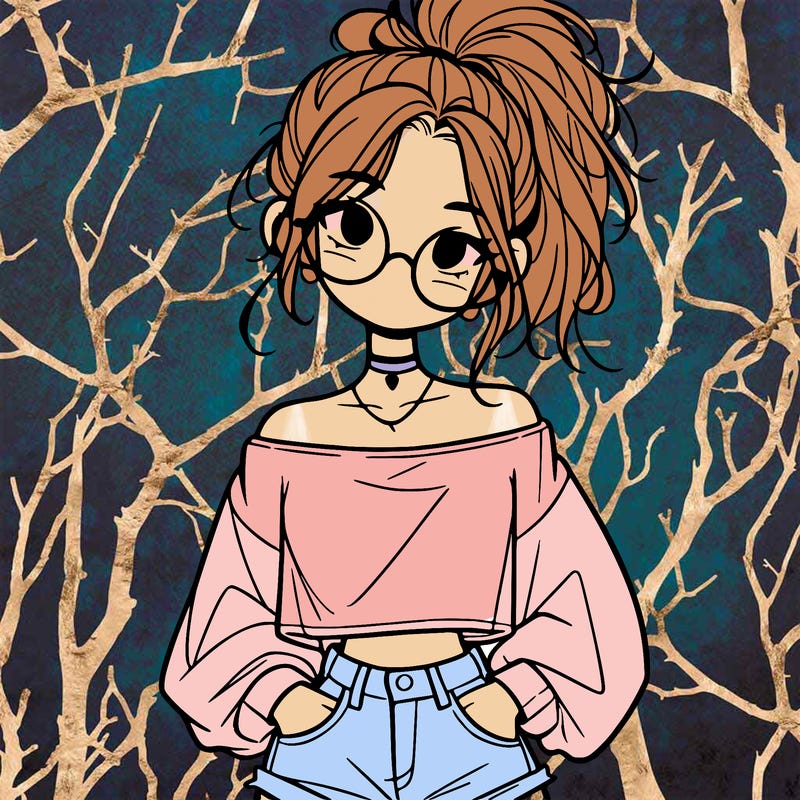 girl with a messy ponytail glasses a baggy crop top and jean shorts