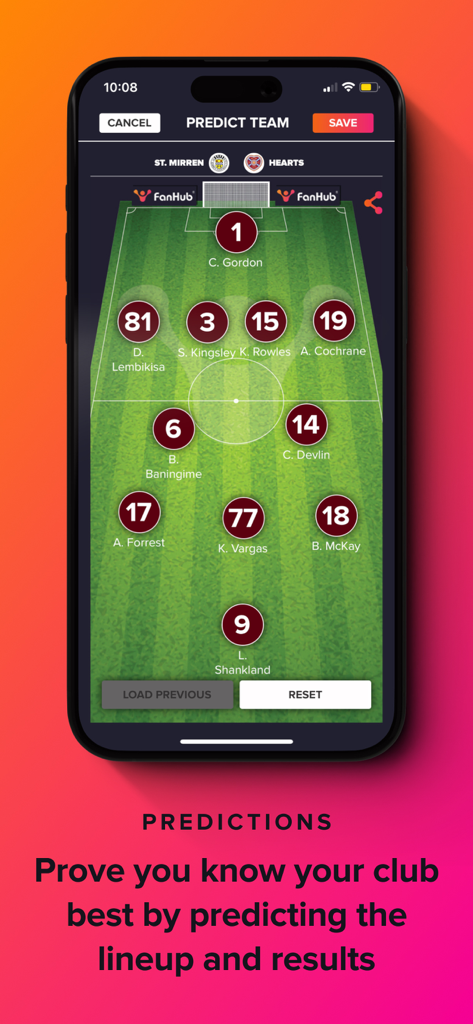 FanHub - A smartphone screen showing the FanHub app's feature for predicting a football team's starting lineup on a virtual pitch.