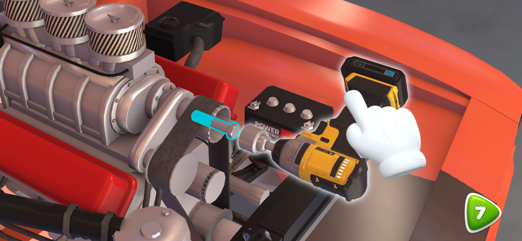 Car Mechanic - Restore Cars - A close-up view of using a power tool to repair a car engine in the Car Mechanic game.