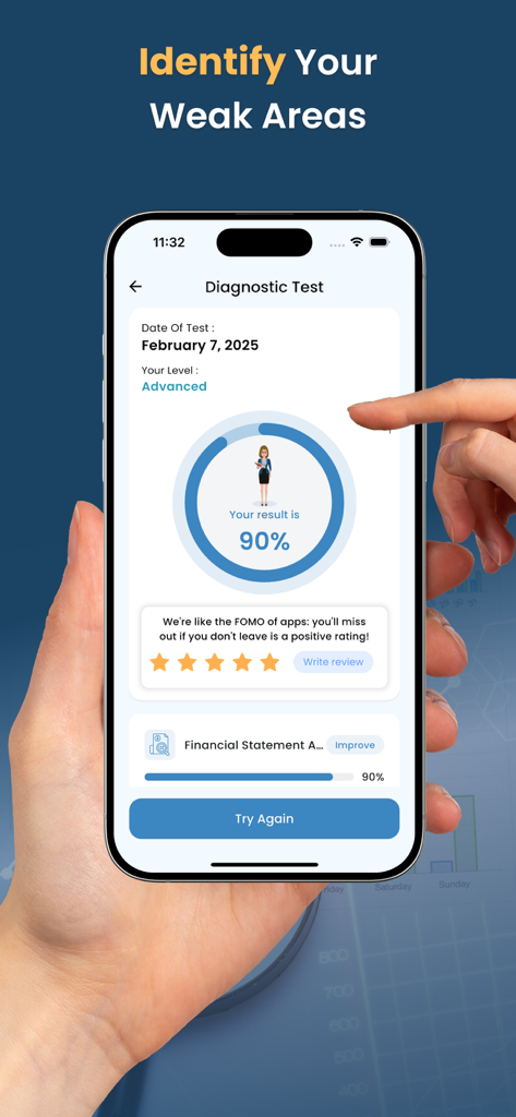 CFA Level 1 Exam Prep 2026 - CFA Level 1 exam prep app displaying diagnostic test results with a 90 percent score and progress tracking