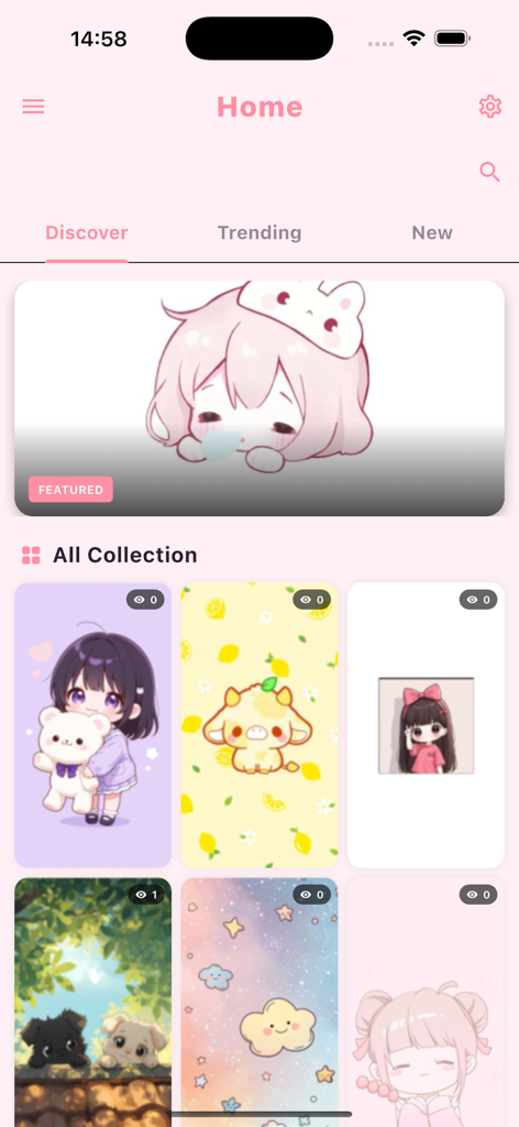 Shimeji Anime Wallpaper 4K - Tela inicial do aplicativo Shimeji Anime Wallpaper 4K exibindo uma galeria de papéis de parede de anime chibi fofos e estéticos