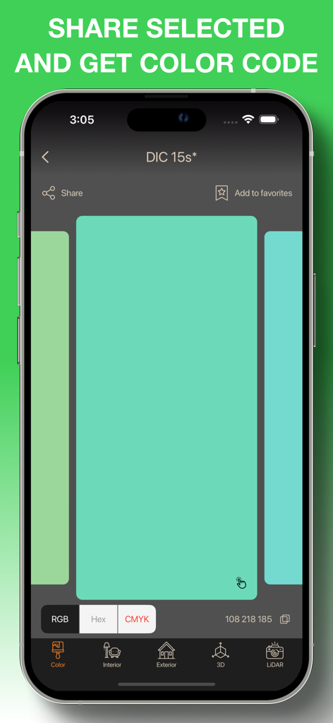 Master 3D Color. RAL PPG BEHR - Interface showing a selected teal color with its RGB and Hex codes in the Master 3D Color app