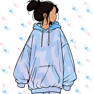 realistic girl with a oversized sweatshirt on and a bun