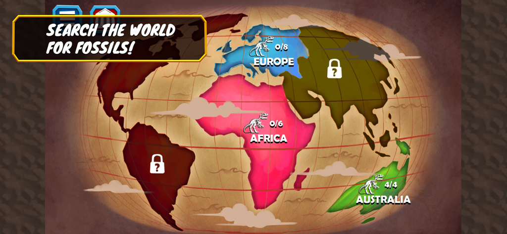 Dino Quest: Fossil Games - World map interface in Dino Quest showing fossil discovery progress across different continents