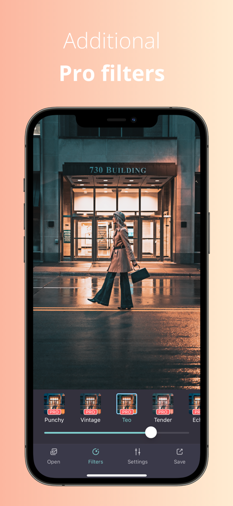 Teo - Teal and Orange Filters - Teo photo editor app interface showing professional cinematic filters for urban photography