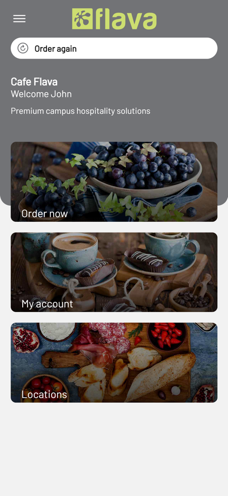 Cafe Flava mobile app home screen with buttons for Order now, My account, and Locations