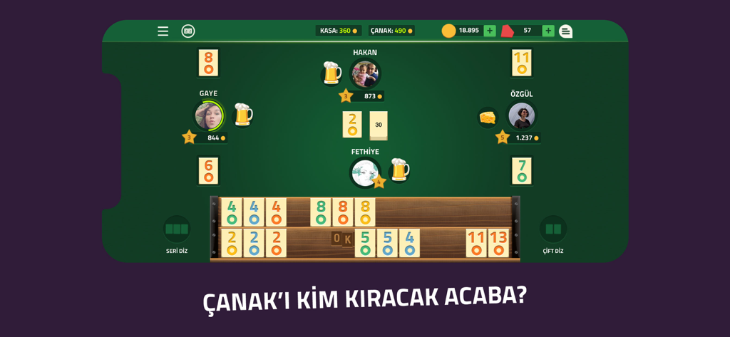 Okey Canlı - Four players playing a live match of Okey Canli on a green digital table
