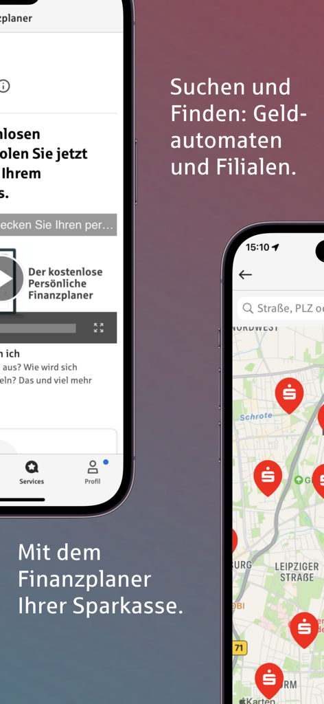 Sparkasse app screens showing the ATM branch locator map and the personal financial planner.