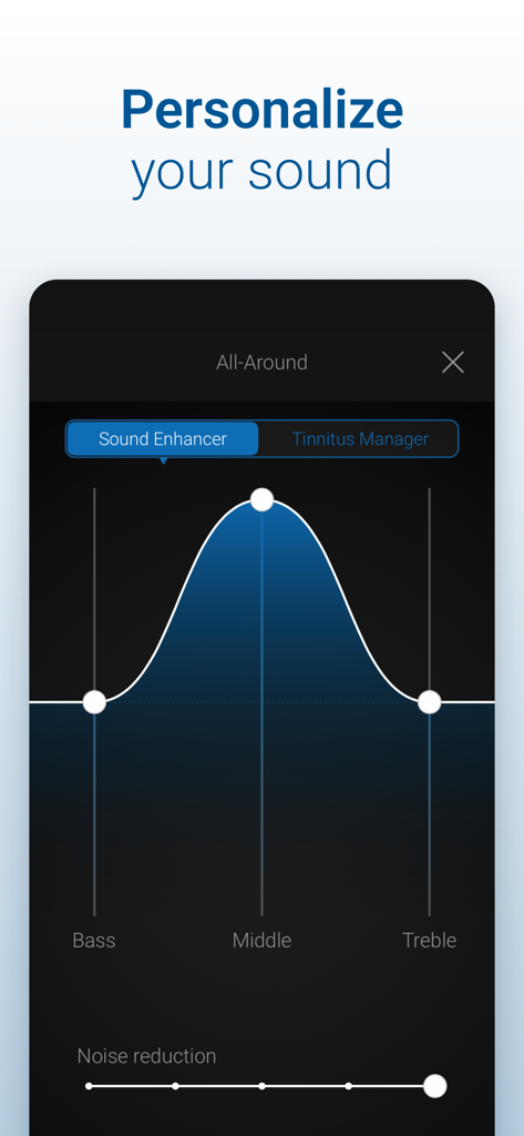 Beltone HearMax - Interfaz de la aplicación Beltone HearMax que muestra la función de potenciador de sonido para ajustar las frecuencias de graves, medios y agudos